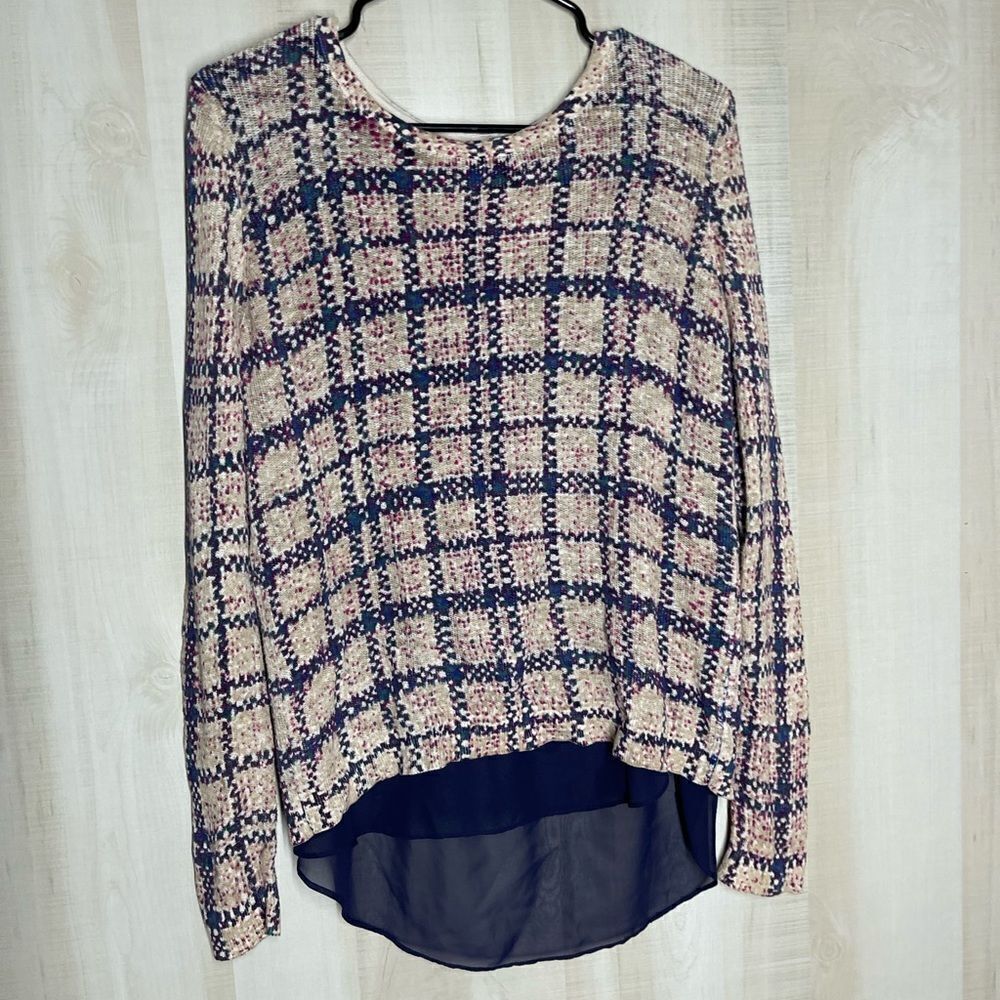 Lucky brand navy and beige plaid long sleeve top, size small